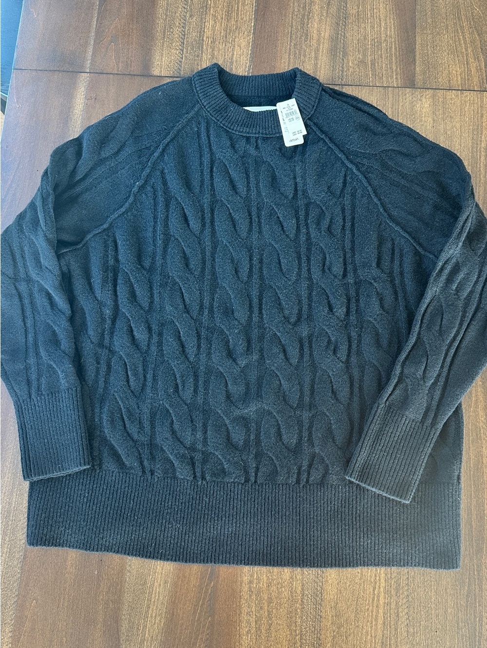 aerie Black Cable Knit Crewneck Sweater Oversized Size XS